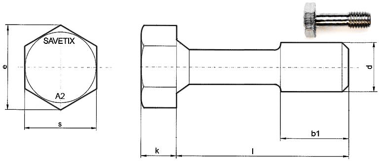 Tornillo imperdible Savetix® con cabeza hexagonal y vástago delgado, hexágono conforme a DIN 933 - Datos técnicos